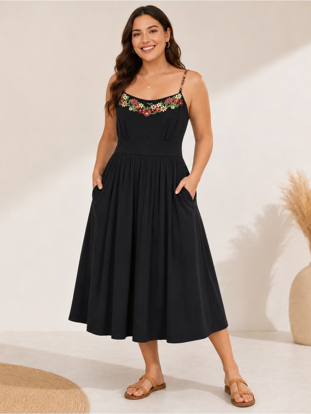BloomChic Black Floral Embroidered Midi Dress NWT Size 10 Side Pockets